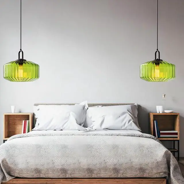 Alt view image 4 of 7 - Green Pendant Light - Mid Century Modern Glass Hanging Light with Striped Shade for Dining Room, Bedroom, Kitchen