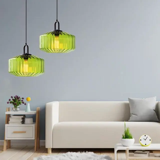 Alt view image 5 of 7 - Green Pendant Light - Mid Century Modern Glass Hanging Light with Striped Shade for Dining Room, Bedroom, Kitchen