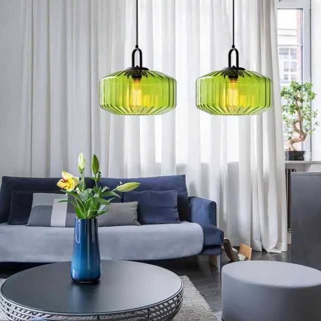 Alt view image 6 of 7 - Green Pendant Light - Mid Century Modern Glass Hanging Light with Striped Shade for Dining Room, Bedroom, Kitchen