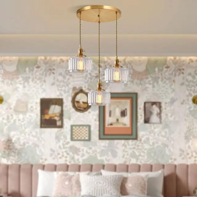 Alt view image 6 of 7 - Clear Pendant Light Fixtures mid Century Modern Chandeliers | Clear Striped Glass Shade vintage Glass pendant lights Gold Pendant Lamp Bedroom Living Dining Room Hallway 3-Lights