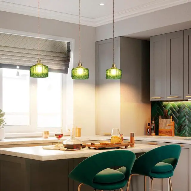 Alt view image 4 of 7 - Green Hanging Light Vintage Modern Pendant Light Fixture with Stripe Green Glass Shade Glass Pendant Lighting Gold Pendant Lamp for Kitchen Island Bedroom Farmhouse