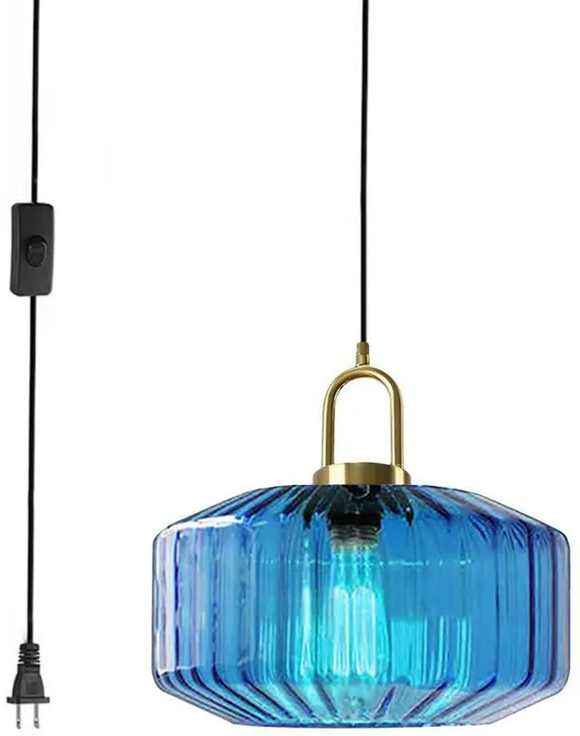 Main image of Living Room Plug in Pendant Light Blue Large Glass Hanging Lamp with Striped Glass Globe Shade Mid Century Chandelier Modern Plug in Cord Hanging Pendant Light fixtures Gold Finish