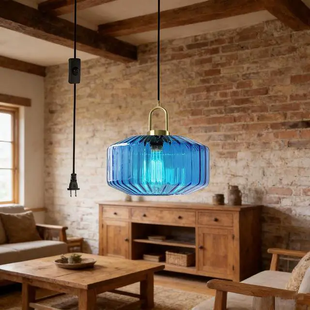 Alt view image 7 of 7 - Living Room Plug in Pendant Light Blue Large Glass Hanging Lamp with Striped Glass Globe Shade Mid Century Chandelier Modern Plug in Cord Hanging Pendant Light fixtures Gold Finish