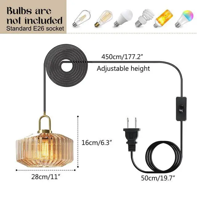 Alt view image 2 of 7 - Living Room Plug in Pendant Light Fixtures Amber Large Glass Shade Mid Century Modern Hanging Lamp 1-Light Gold Brass Pendant Lamp Plug in Cord Kitchen Plug in Ceiling Hanging Light (Amber)
