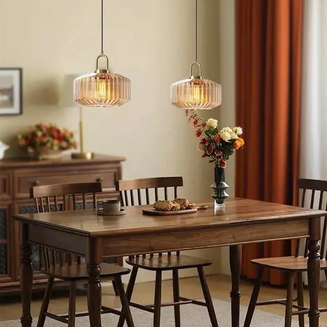 Alt view image 4 of 7 - Living Room Plug in Pendant Light Fixtures Amber Large Glass Shade Mid Century Modern Hanging Lamp 1-Light Gold Brass Pendant Lamp Plug in Cord Kitchen Plug in Ceiling Hanging Light (Amber)