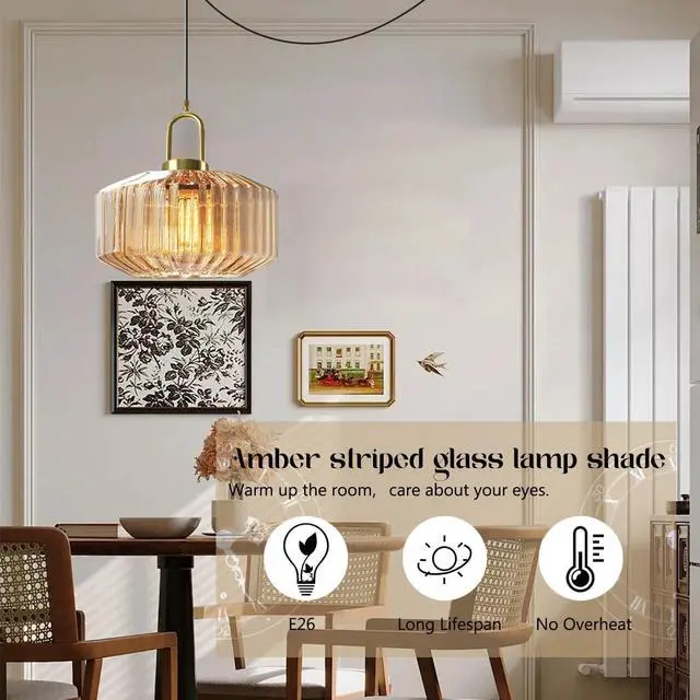 Alt view image 5 of 7 - Living Room Plug in Pendant Light Fixtures Amber Large Glass Shade Mid Century Modern Hanging Lamp 1-Light Gold Brass Pendant Lamp Plug in Cord Kitchen Plug in Ceiling Hanging Light (Amber)