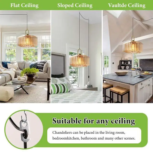 Alt view image 7 of 7 - Living Room Plug in Pendant Light Fixtures Amber Large Glass Shade Mid Century Modern Hanging Lamp 1-Light Gold Brass Pendant Lamp Plug in Cord Kitchen Plug in Ceiling Hanging Light (Amber)