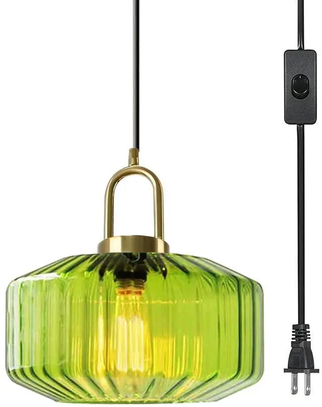 Main image of Living Room Plug in Ceiling Light with Cord Green Glass Hanging Lamp Modern Farmhouse Plug in Pendant Lights Mid Century Pendant Lamp Plug in Cord Gold Finish Swag Light Fixtures