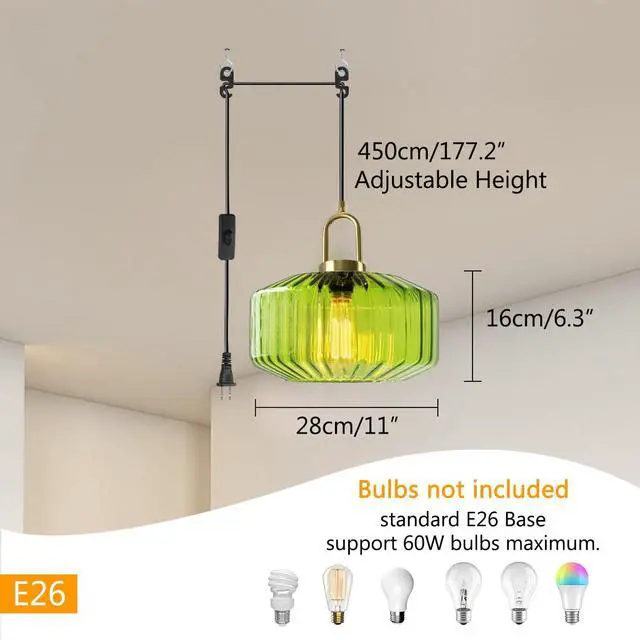 Alt view image 2 of 7 - Living Room Plug in Ceiling Light with Cord Green Glass Hanging Lamp Modern Farmhouse Plug in Pendant Lights Mid Century Pendant Lamp Plug in Cord Gold Finish Swag Light Fixtures