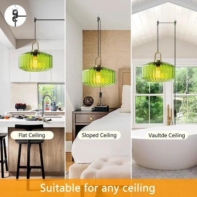 Alt view image 5 of 7 - Living Room Plug in Ceiling Light with Cord Green Glass Hanging Lamp Modern Farmhouse Plug in Pendant Lights Mid Century Pendant Lamp Plug in Cord Gold Finish Swag Light Fixtures