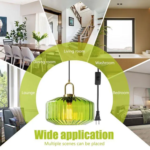Alt view image 6 of 7 - Living Room Plug in Ceiling Light with Cord Green Glass Hanging Lamp Modern Farmhouse Plug in Pendant Lights Mid Century Pendant Lamp Plug in Cord Gold Finish Swag Light Fixtures