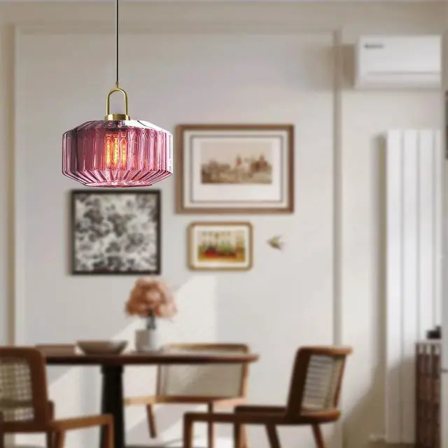 Alt view image 3 of 7 - Living Room Plug in Hanging Lamp Purple Large Glass Shade Mid Century Modern Hanging Pendant Light fixtures with Plug in Cord Gold Plug in Pendant Light Kitchen Swag Light Fixtures