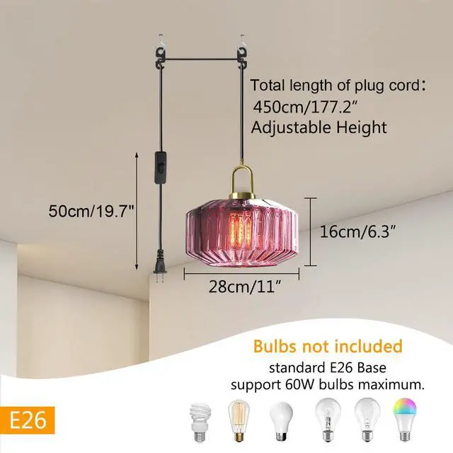 Alt view image 2 of 7 - Living Room Plug in Hanging Lamp Purple Large Glass Shade Mid Century Modern Hanging Pendant Light fixtures with Plug in Cord Gold Plug in Pendant Light Kitchen Swag Light Fixtures