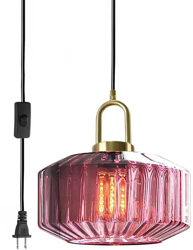 Main image of Living Room Plug in Hanging Lamp Purple Large Glass Shade Mid Century Modern Hanging Pendant Light fixtures with Plug in Cord Gold Plug in Pendant Light Kitchen Swag Light Fixtures