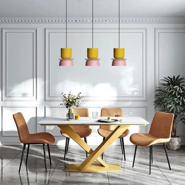 Alt view image 5 of 7 - Mid Century Chandelier Pendant Light Macaron Colorful Hanging Light with Aluminum Barn Shade Nordic Modern Ceiling Pendant Lights Fixtures for Dining Room Kitchen Island Farmhouse