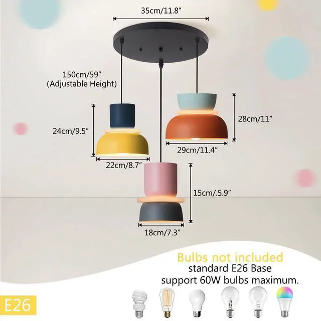 Alt view image 2 of 7 - Nordic Chandelier Colorful Pendant Light Nordic Modern Pendant Lights Mid Century Chandelier Light Fixture with Macaron Color Barn Shade Adjustable Cord Pendant Lighting Dining Room