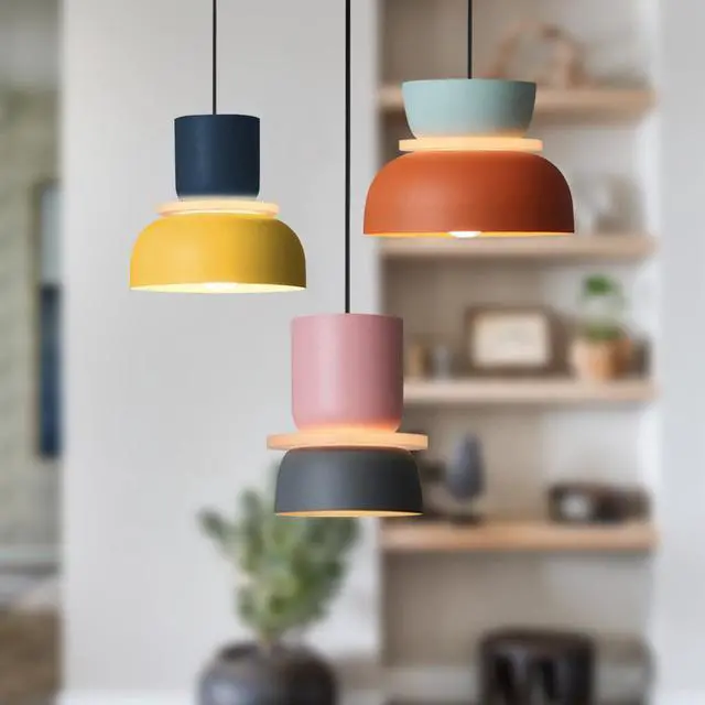 Alt view image 3 of 7 - Nordic Chandelier Colorful Pendant Light Nordic Modern Pendant Lights Mid Century Chandelier Light Fixture with Macaron Color Barn Shade Adjustable Cord Pendant Lighting Dining Room