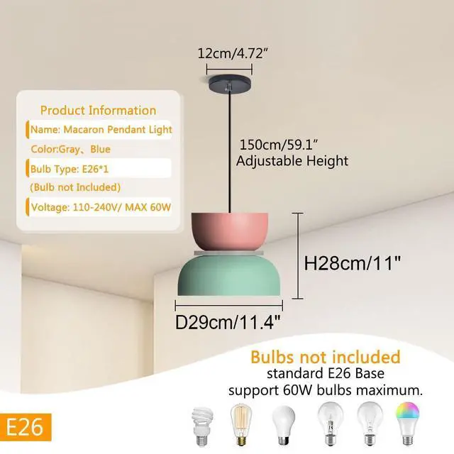 Alt view image 2 of 7 - Colorful Pendant Light Macaron Color Pendant Lights Nordic Pendant Lights with Pink Green Barn Shade Mid Century Modern Hanging Pendant lamp for Dining Room Kitchen Island Bedroom