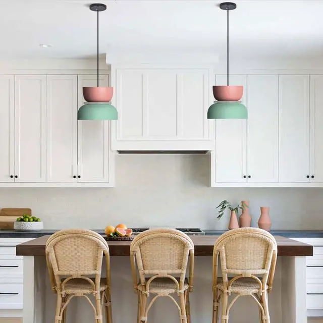 Alt view image 6 of 7 - Colorful Pendant Light Macaron Color Pendant Lights Nordic Pendant Lights with Pink Green Barn Shade Mid Century Modern Hanging Pendant lamp for Dining Room Kitchen Island Bedroom