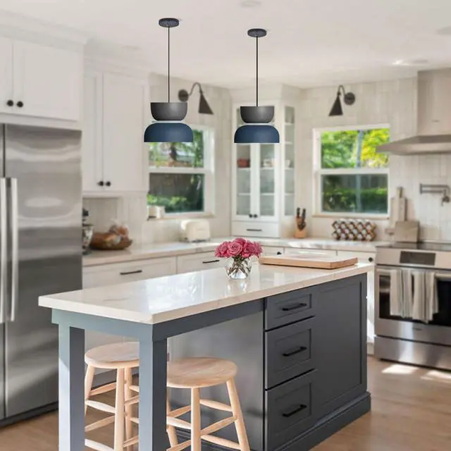 Alt view image 5 of 7 - Nordic Modern Macaron Pendant Light Colorful Chandelier Pendant Lamp with Black Blue Barn Shade Mid Century Pendant Lighting Deco for Dining Room Farmhouse Kitchen Island