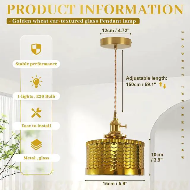 Alt view image 2 of 7 - Gold Glass Pendant Light Industrial Pendant Light Fixtures Painted Golden Striped Glass Lampshade Vintage Pendant Lighting Gold Light fixtures for Farmhouse Kitchen Sink Dining Room (1-Light)