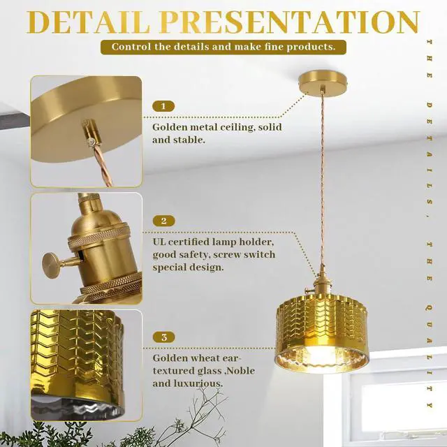 Alt view image 3 of 7 - Gold Glass Pendant Light Industrial Pendant Light Fixtures Painted Golden Striped Glass Lampshade Vintage Pendant Lighting Gold Light fixtures for Farmhouse Kitchen Sink Dining Room (1-Light)