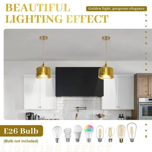 Alt view image 4 of 7 - Gold Glass Pendant Light Industrial Pendant Light Fixtures Painted Golden Striped Glass Lampshade Vintage Pendant Lighting Gold Light fixtures for Farmhouse Kitchen Sink Dining Room (1-Light)