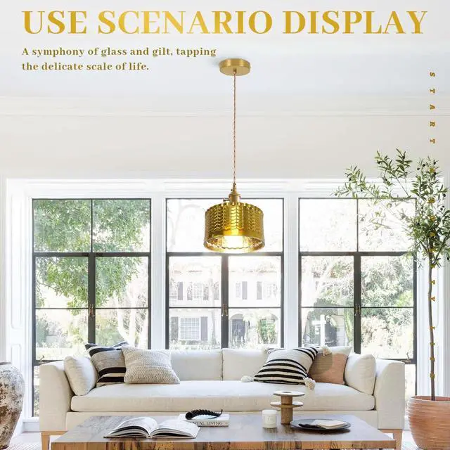Alt view image 5 of 7 - Gold Glass Pendant Light Industrial Pendant Light Fixtures Painted Golden Striped Glass Lampshade Vintage Pendant Lighting Gold Light fixtures for Farmhouse Kitchen Sink Dining Room (1-Light)