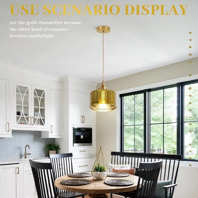 Alt view image 6 of 7 - Gold Glass Pendant Light Industrial Pendant Light Fixtures Painted Golden Striped Glass Lampshade Vintage Pendant Lighting Gold Light fixtures for Farmhouse Kitchen Sink Dining Room (1-Light)