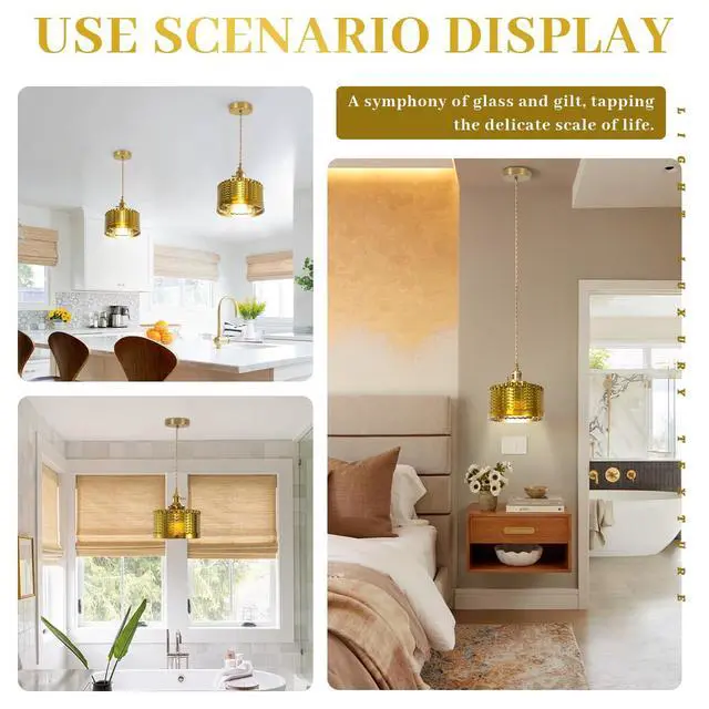 Alt view image 7 of 7 - Gold Glass Pendant Light Industrial Pendant Light Fixtures Painted Golden Striped Glass Lampshade Vintage Pendant Lighting Gold Light fixtures for Farmhouse Kitchen Sink Dining Room (1-Light)