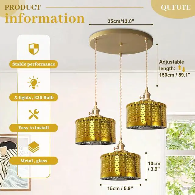 Alt view image 2 of 7 - Gold Chandelier Pendant Light, Industrial Pendant Light Fixtures with Painted Golden Striped Glass Lampshade Vintage Ceiling Chandelier Gold Light fixtures for Farmhouse Kitchen Sink