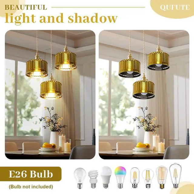 Alt view image 3 of 7 - Gold Chandelier Pendant Light, Industrial Pendant Light Fixtures with Painted Golden Striped Glass Lampshade Vintage Ceiling Chandelier Gold Light fixtures for Farmhouse Kitchen Sink