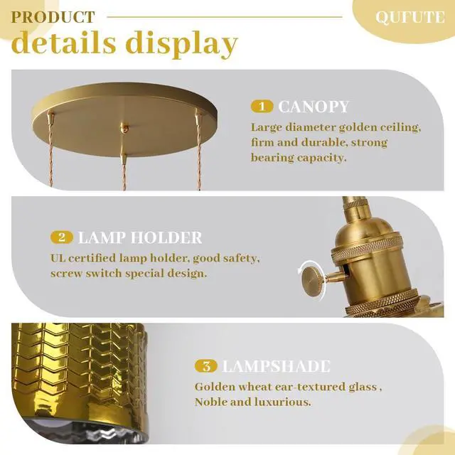 Alt view image 4 of 7 - Gold Chandelier Pendant Light, Industrial Pendant Light Fixtures with Painted Golden Striped Glass Lampshade Vintage Ceiling Chandelier Gold Light fixtures for Farmhouse Kitchen Sink