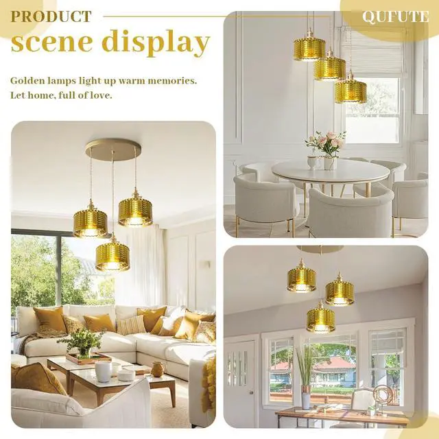 Alt view image 5 of 7 - Gold Chandelier Pendant Light, Industrial Pendant Light Fixtures with Painted Golden Striped Glass Lampshade Vintage Ceiling Chandelier Gold Light fixtures for Farmhouse Kitchen Sink