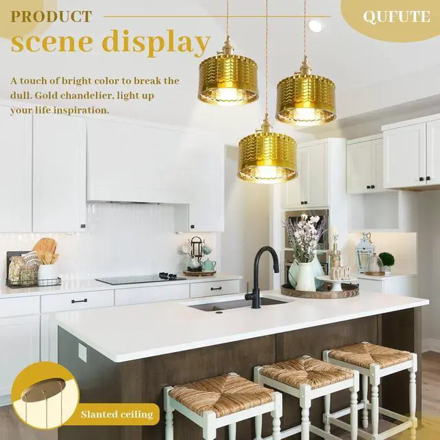 Alt view image 6 of 7 - Gold Chandelier Pendant Light, Industrial Pendant Light Fixtures with Painted Golden Striped Glass Lampshade Vintage Ceiling Chandelier Gold Light fixtures for Farmhouse Kitchen Sink