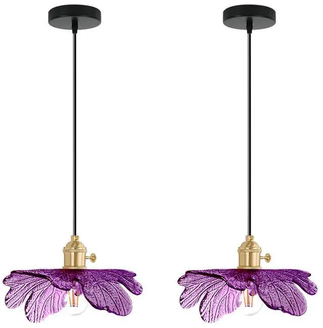 Main image of 2-Lights Small Pendant Light with Purple Flower Shade, Vintage Glass Pendant Light Adjustable Hanging Light Fixture, Mid Century Modern Ceiling Hanging Light for Dining Room Kitchen