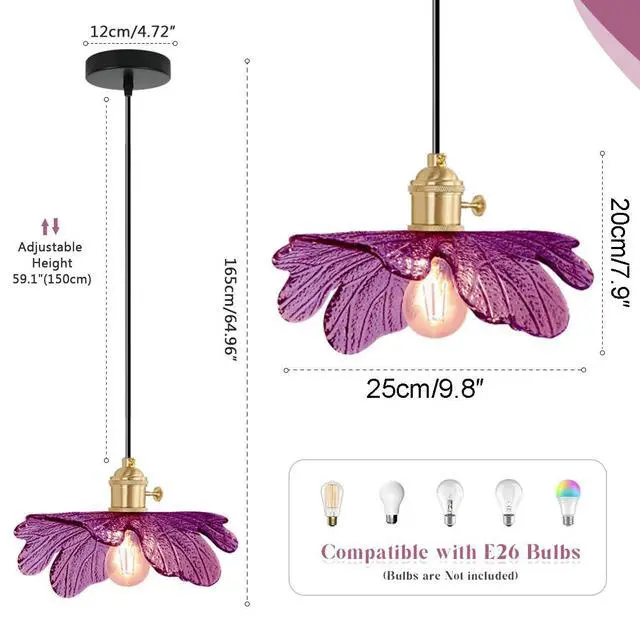 Alt view image 2 of 7 - 2-Lights Small Pendant Light with Purple Flower Shade, Vintage Glass Pendant Light Adjustable Hanging Light Fixture, Mid Century Modern Ceiling Hanging Light for Dining Room Kitchen
