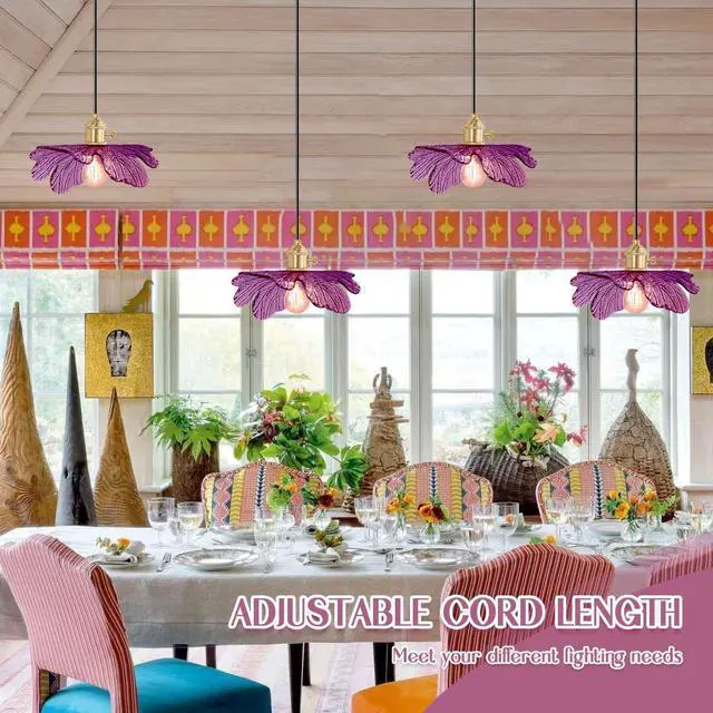 Alt view image 4 of 7 - 2-Lights Small Pendant Light with Purple Flower Shade, Vintage Glass Pendant Light Adjustable Hanging Light Fixture, Mid Century Modern Ceiling Hanging Light for Dining Room Kitchen