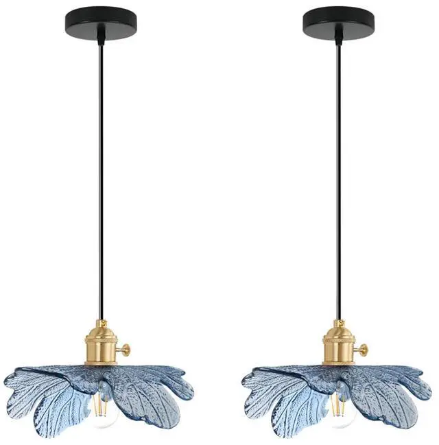 Main image of 2-Lights Flower Glass Pendant Light fixtures, Small Vintage Pendant Light with 5.9 Blue Glass Shade, Mid Century Modern Hanging Light, Gold Brass Hanging Light Dining Room Kitchen
