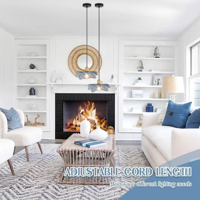 Alt view image 4 of 7 - 2-Lights Flower Glass Pendant Light fixtures, Small Vintage Pendant Light with 5.9 Blue Glass Shade, Mid Century Modern Hanging Light, Gold Brass Hanging Light Dining Room Kitchen
