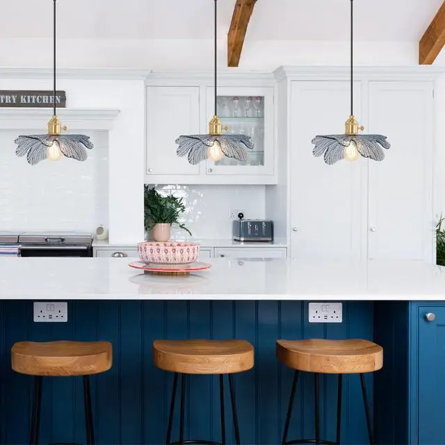 Alt view image 6 of 7 - 2-Lights Flower Glass Pendant Light fixtures, Small Vintage Pendant Light with 5.9 Blue Glass Shade, Mid Century Modern Hanging Light, Gold Brass Hanging Light Dining Room Kitchen