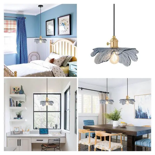 Alt view image 7 of 7 - 2-Lights Flower Glass Pendant Light fixtures, Small Vintage Pendant Light with 5.9 Blue Glass Shade, Mid Century Modern Hanging Light, Gold Brass Hanging Light Dining Room Kitchen