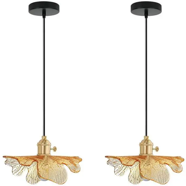 Main image of Small Vintage Glass Pendant Light fixtures, Flower Pendant Light 5.9 Amber Glass Shade, Gold Mid Century Modern Ceiling Light, Adjustable Cord Hanging Light Dining Room Kitchen