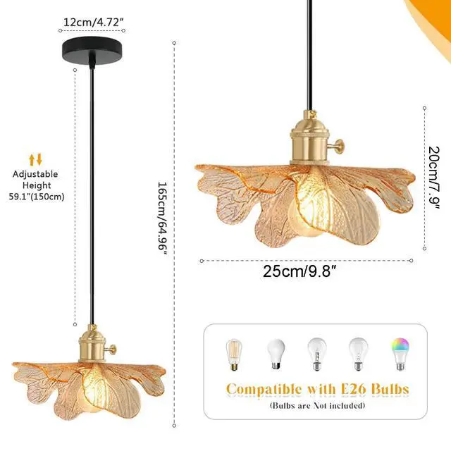Alt view image 2 of 7 - Small Vintage Glass Pendant Light fixtures, Flower Pendant Light 5.9 Amber Glass Shade, Gold Mid Century Modern Ceiling Light, Adjustable Cord Hanging Light Dining Room Kitchen