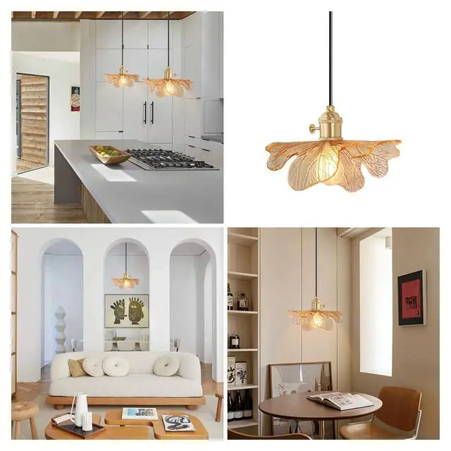 Alt view image 7 of 7 - Small Vintage Glass Pendant Light fixtures, Flower Pendant Light 5.9 Amber Glass Shade, Gold Mid Century Modern Ceiling Light, Adjustable Cord Hanging Light Dining Room Kitchen