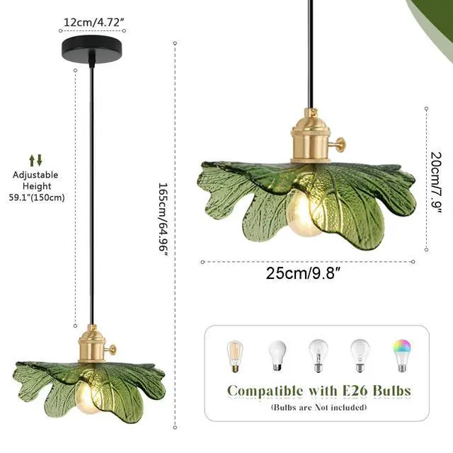 Alt view image 2 of 7 - Small Green Glass Pendant Light fixtures,Vintage Modern Pendant Light with 5.9 Flower Glass Shade, Mid Century Gold Adjustable Cord Hanging Light for Dining Room Kitchen Island (Green)