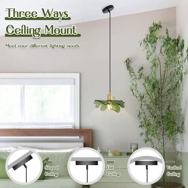 Alt view image 3 of 7 - Small Green Glass Pendant Light fixtures,Vintage Modern Pendant Light with 5.9 Flower Glass Shade, Mid Century Gold Adjustable Cord Hanging Light for Dining Room Kitchen Island (Green)
