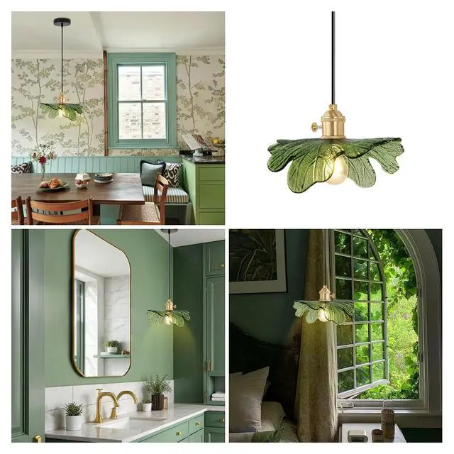 Alt view image 7 of 7 - Small Green Glass Pendant Light fixtures,Vintage Modern Pendant Light with 5.9 Flower Glass Shade, Mid Century Gold Adjustable Cord Hanging Light for Dining Room Kitchen Island (Green)