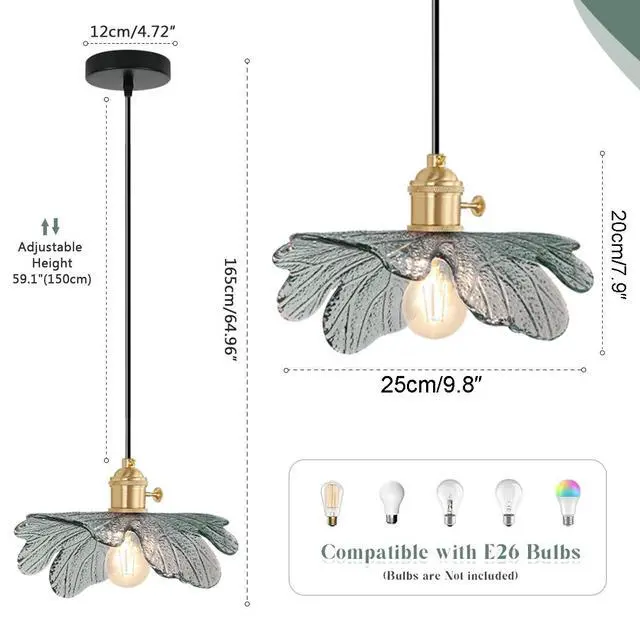Alt view image 2 of 7 - Gold Brass Vintage Pendant Light Dark Green Glass Hanging Light with Flower Shade Mini Adjustable Pendant Light Fixture for Kitchen Island Dining Room Hallway Farmhouse 2-Pack