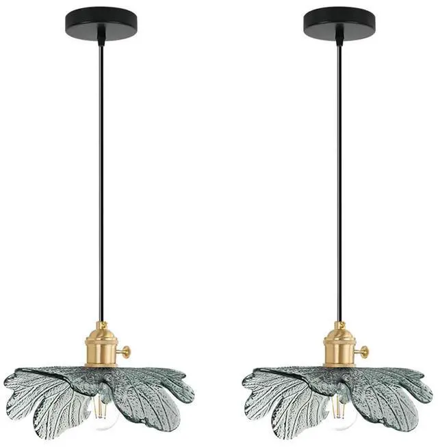 Main image of Gold Brass Vintage Pendant Light Dark Green Glass Hanging Light with Flower Shade Mini Adjustable Pendant Light Fixture for Kitchen Island Dining Room Hallway Farmhouse 2-Pack